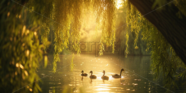 A family of ducks gliding peacefully across a serene pond framed by weeping willows - Starpik Stock