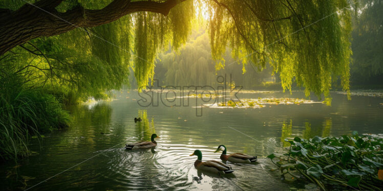 A family of ducks gliding peacefully across a serene pond framed by weeping willows - Starpik Stock