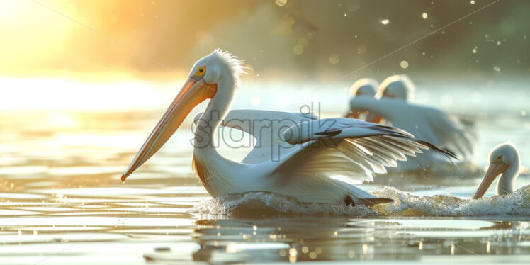 A family of pelicans gliding gracefully above the water's surface - Starpik Stock