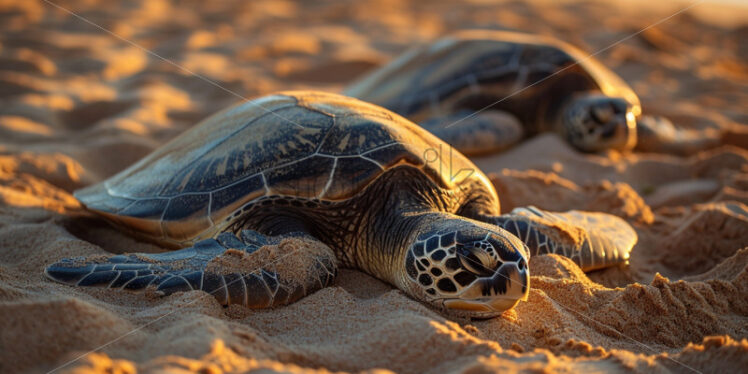 A family of sea turtles lazily sunbathing on the warm sand - Starpik Stock