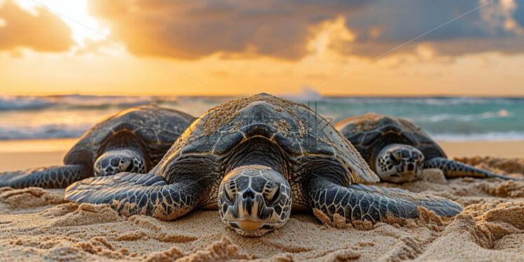 A family of sea turtles lazily sunbathing on the warm sand - Starpik Stock