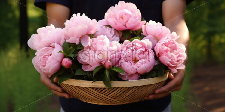 A farmer holds a basket of peony flowers - Starpik Stock