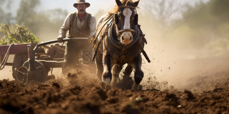 A farmer plowing a field with a tractor, field background - Starpik Stock