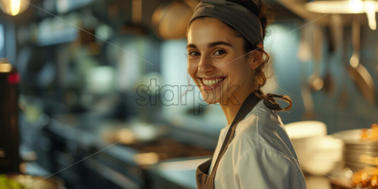 A female head chef, with a good mood in the kitchen - Starpik Stock