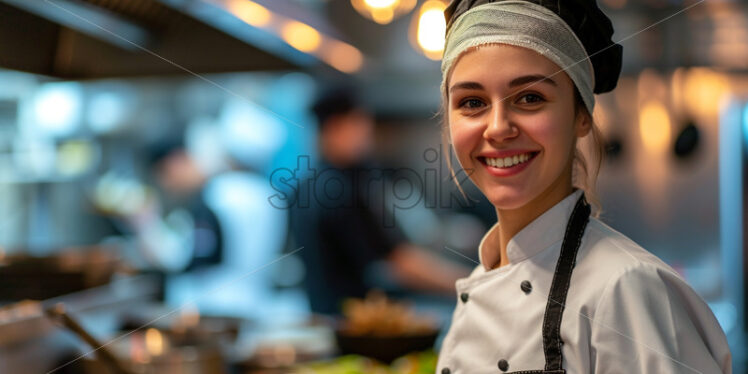 A female head chef, with a good mood in the kitchen - Starpik Stock