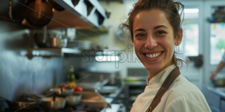 A female head chef, with a good mood in the kitchen - Starpik Stock