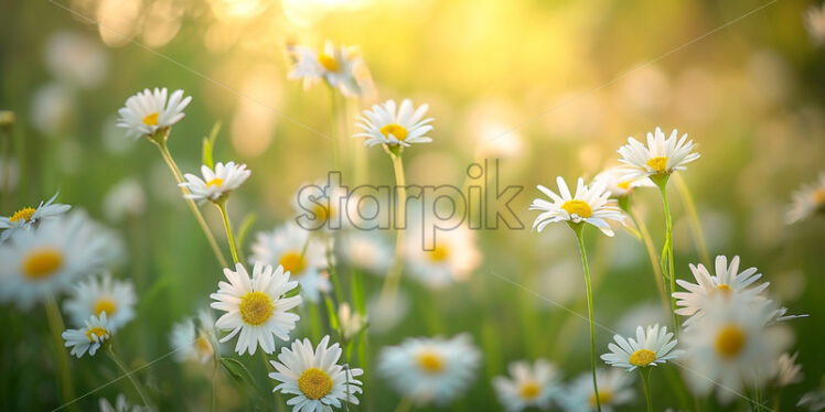 A field of daisies swaying in unison as a gentle breeze sweeps through - Starpik Stock