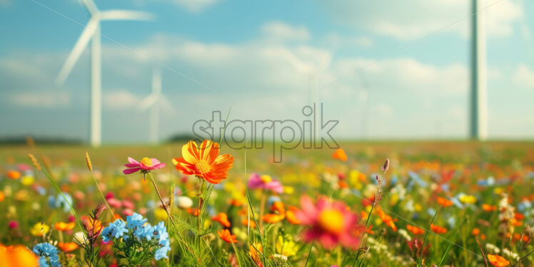 A field of flowers against the background of wind turbines - Starpik Stock