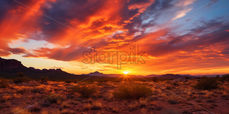 A fiery desert sunset, with the sky ablaze in hues of orange, red, and purple - Starpik Stock