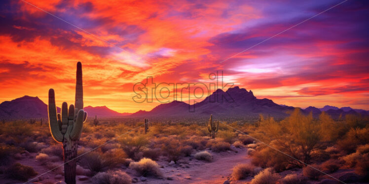 A fiery desert sunset, with the sky ablaze in hues of orange, red, and purple - Starpik Stock