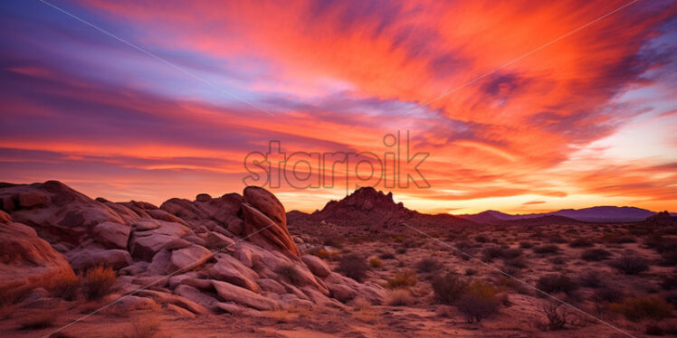 A fiery desert sunset, with the sky ablaze in hues of orange, red, and purple - Starpik Stock