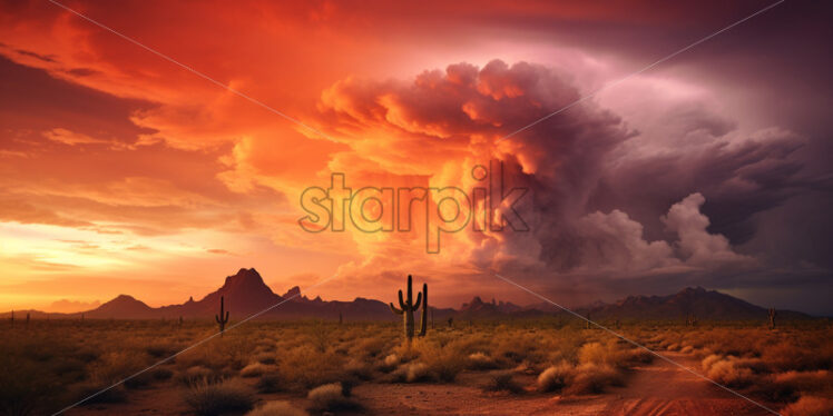 A fiery orange and pink sky during a dramatic desert monsoon in Arizona - Starpik Stock