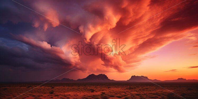 A fiery orange and pink sky during a dramatic desert monsoon in Arizona - Starpik Stock