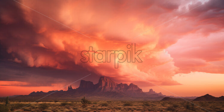 A fiery orange and pink sky during a dramatic desert monsoon in Arizona - Starpik Stock