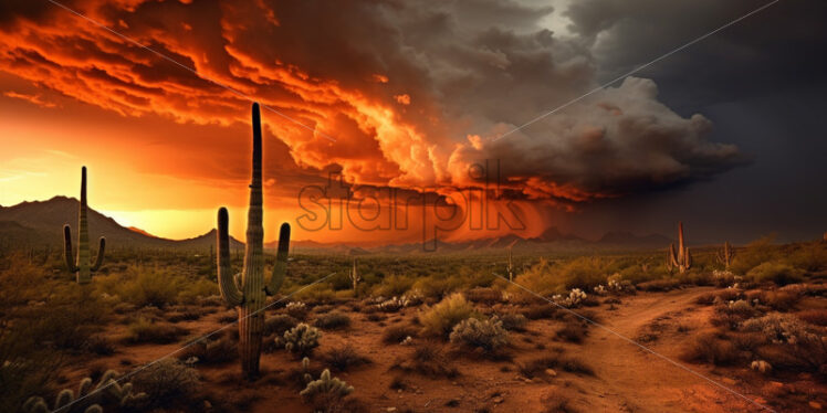 A fiery orange and pink sky during a dramatic desert monsoon in Arizona - Starpik Stock