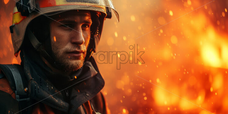 A firefighter on the background of a fire - Starpik Stock