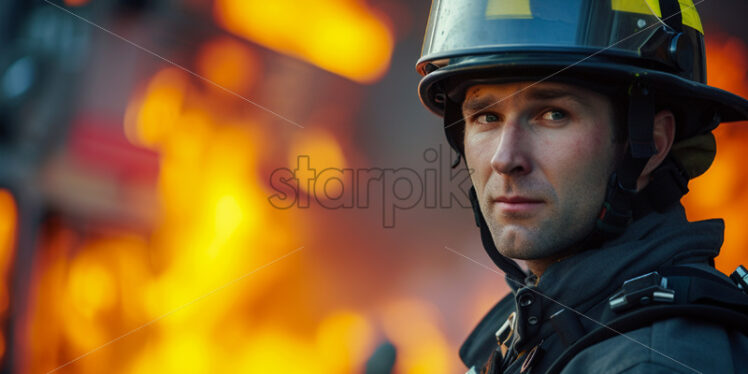 A firefighter on the background of a fire - Starpik Stock