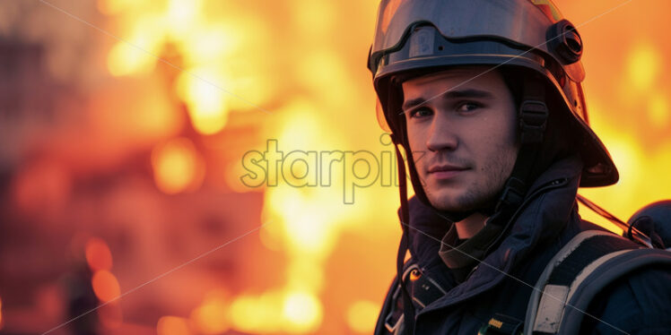 A firefighter on the background of a fire - Starpik Stock