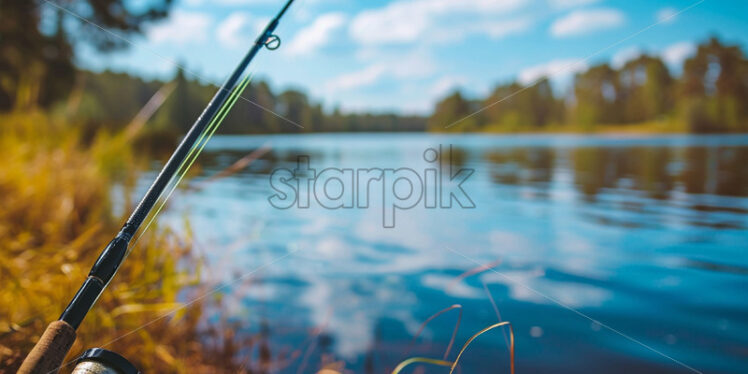 A fishing rod in the hand of a fisherman on the lake - Starpik Stock