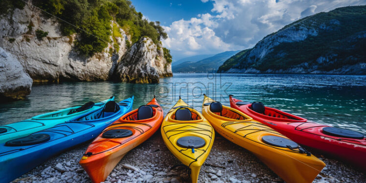 A fleet of colorful kayaks ready for an exploration of the coastline - Starpik Stock