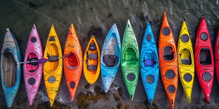 A fleet of colorful kayaks ready for an exploration of the coastline - Starpik Stock