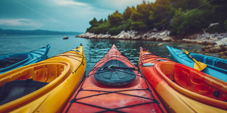 A fleet of colorful kayaks ready for an exploration of the coastline - Starpik Stock