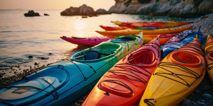 A fleet of colorful kayaks ready for an exploration of the coastline - Starpik Stock