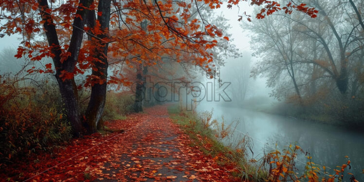 A forest with red autumn leaves and a river in the fog - Starpik Stock