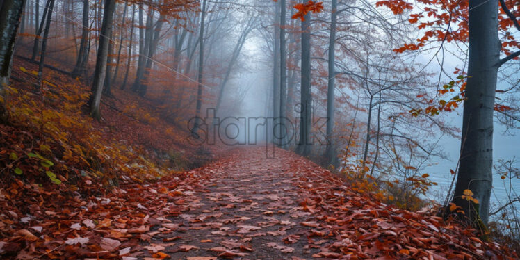 A forest with red autumn leaves and a river in the fog - Starpik Stock