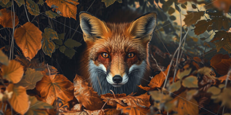 A fox in autumn leaves in the forest - Starpik Stock