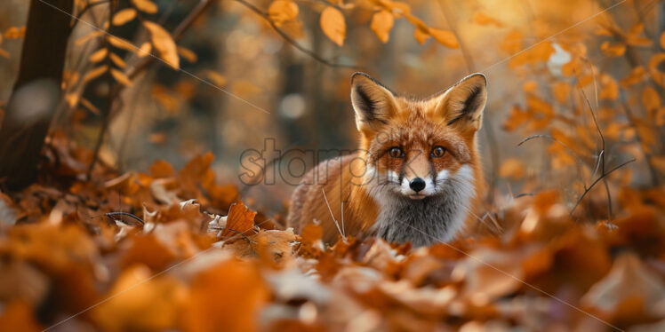 A fox in autumn leaves in the forest - Starpik Stock