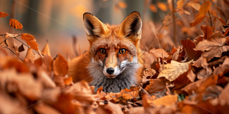 A fox in autumn leaves in the forest - Starpik Stock