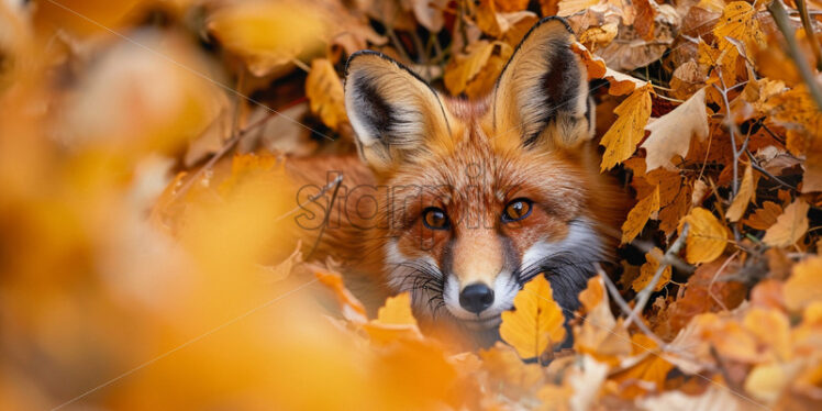 A fox in autumn leaves in the forest - Starpik Stock