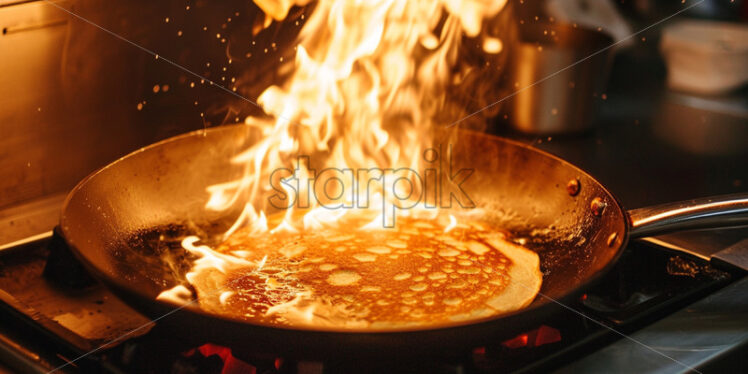 A frying pan on fire in which a pancake is cooked - Starpik Stock