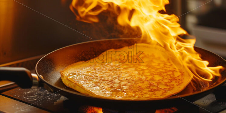 A frying pan on fire in which a pancake is cooked - Starpik Stock