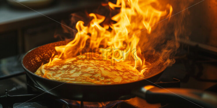 A frying pan on fire in which a pancake is cooked - Starpik Stock