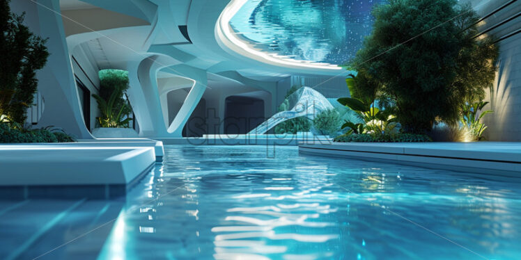 A futuristic, geometrically designed pool with changing led lights  - Starpik Stock