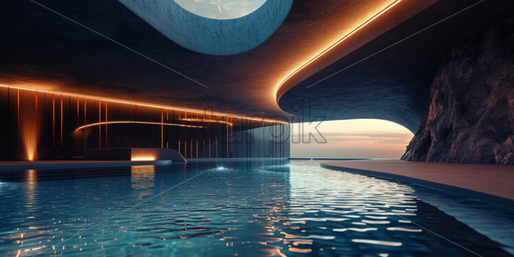 A futuristic, geometrically designed pool with changing led lights  - Starpik Stock