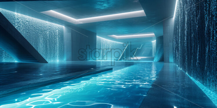 A futuristic, geometrically designed pool with changing led lights  - Starpik Stock