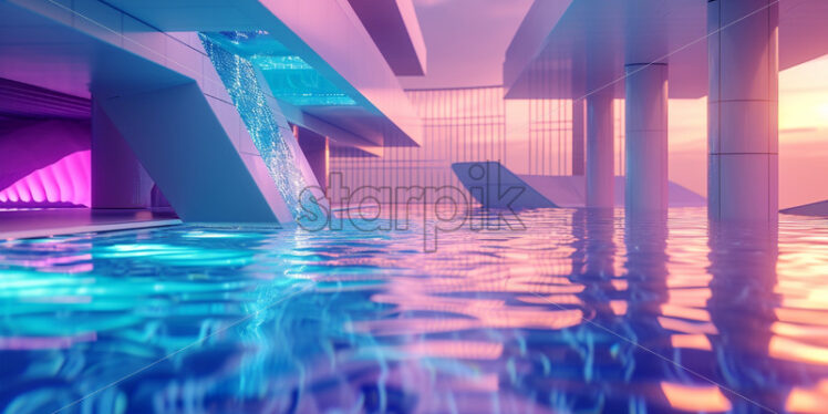 A futuristic, geometrically designed pool with changing led lights  - Starpik Stock