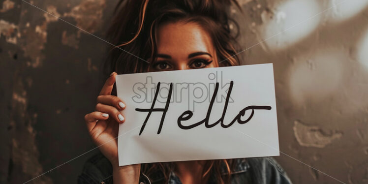 A girl holding a note with the text Hello - Starpik Stock