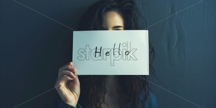 A girl holding a note with the text Hello - Starpik Stock