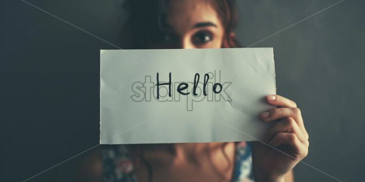 A girl holding a note with the text Hello - Starpik Stock