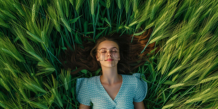 A girl in a field with green wheat, top view - Starpik Stock