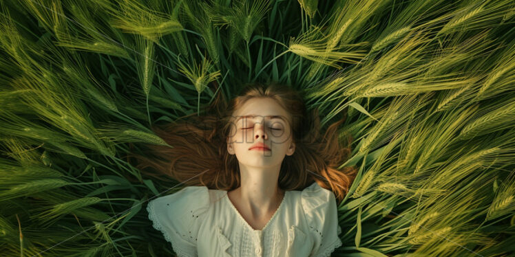 A girl in a field with green wheat, top view - Starpik Stock