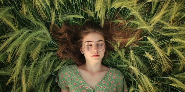 A girl in a field with green wheat, top view - Starpik Stock