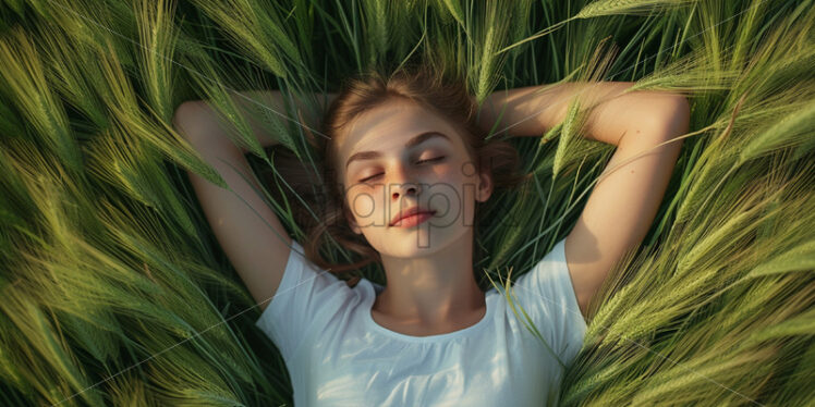 A girl in a field with green wheat, top view - Starpik Stock