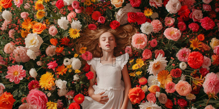 A girl in a wreath of flowers, top view - Starpik Stock