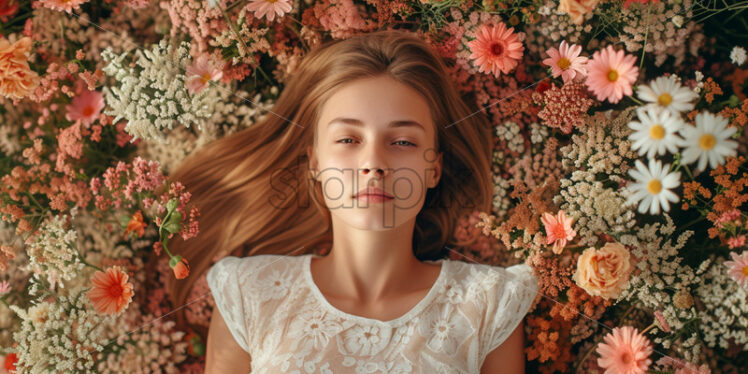 A girl in a wreath of flowers, top view - Starpik Stock