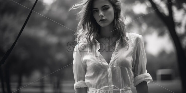 A girl on the background of a park in black and white - Starpik Stock